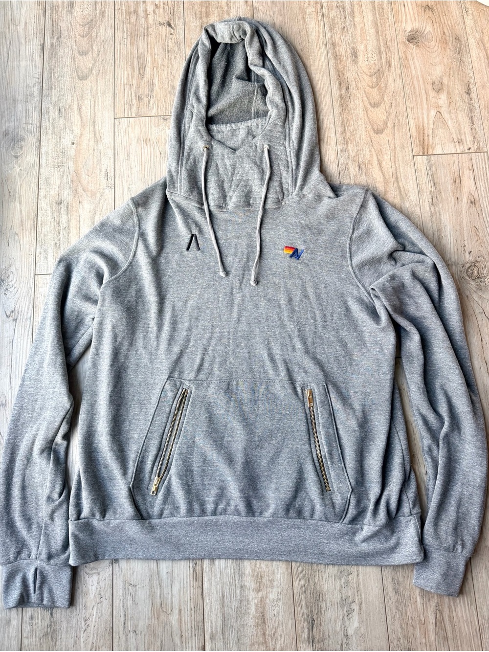 Aviator Nation Heather Grey Ninja Pullover Hoodie Gold Zip Logo